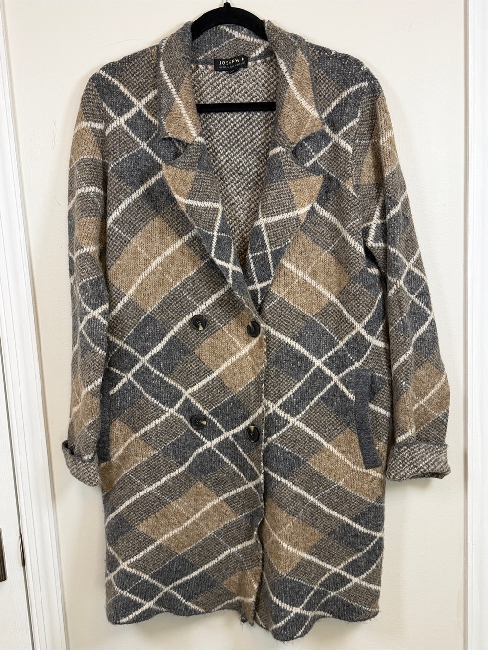 Joseph A Qu’est-ce Que C’est Silk Argyle Plaid Knit Coatigan Coat Cardigan M